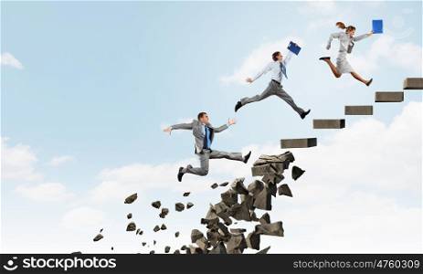 Up the career ladder overcoming challenges. Young businesspeople walking up collapsing staircase representing success concept