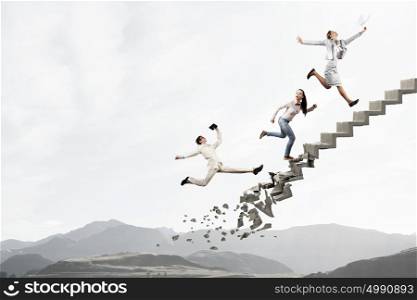 Up the career ladder overcoming challenges. Young businesspeople walking up collapsing staircase representing success concept