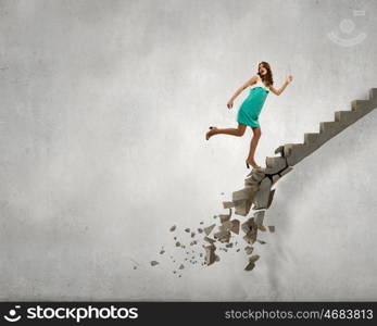 Up the ladder overcoming challenges. Young woman walking up collapsing staircase representing success concept