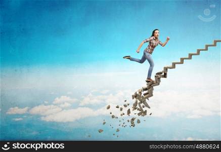 Up the ladder overcoming challenges. Young woman walking up collapsing staircase representing success concept