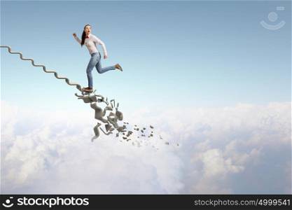 Up the ladder overcoming challenges. Young woman walking up collapsing staircase representing success concept