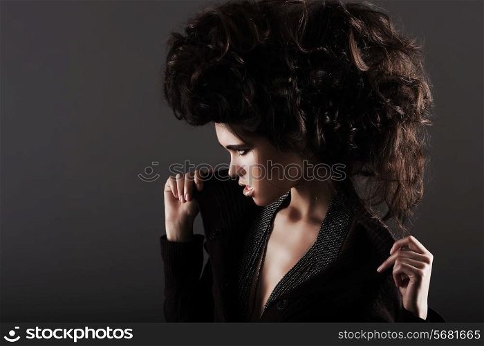 Updo. Eccentric Woman with Styled Curly Hairs
