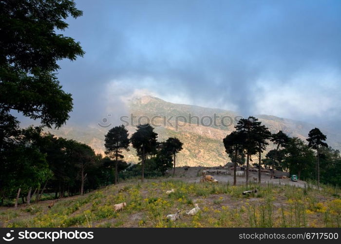 upland pasture above clouds near town Novara di Sicilia , Italy