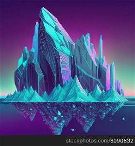 Upper and lower part of blue and purple iceberg in ocean design. Cool poster with neon iceberg. Pop art style in pastel and neon vivid colors. Generative AI. Not based on any actual scene. Poster with neon iceberg. Generative AI. Not based on any actual scene