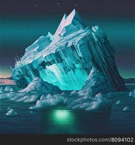 Upper and lower part of blue and purple iceberg in ocean design. Cool poster with neon iceberg. Pop art style in pastel and neon vivid colors. Generative AI. Not based on any actual scene. Poster with neon iceberg. Generative AI. Not based on any actual scene