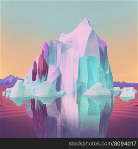 Upper and lower part of iceberg in ocean design. Cool poster with neon iceberg. Pop art style in pastel and neon vivid colors. Generative AI. Not based on any actual scene. Poster with neon iceberg. Generative AI. Not based on any actual scene