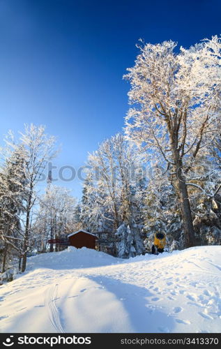 Upper station of ski ropeway on Bukovel ski resort, Ukraine)