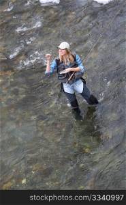 Upper view of woman fishing in river