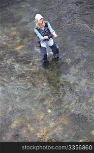 Upper view of woman fishing in river