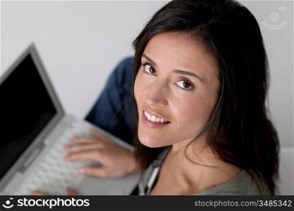 Upper view of woman using laptop computer