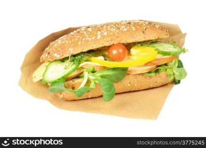 Upscale sandwich with smoked chicken on a white background.