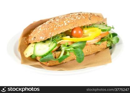 Upscale sandwich with smoked chicken on a white background.