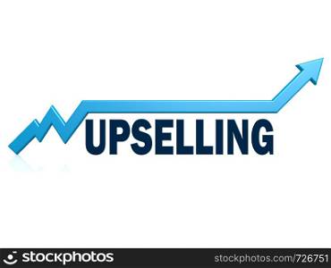 Upselling word with blue grow arrow, 3D rendering
