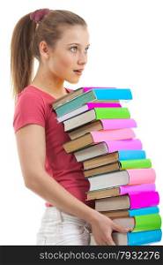 Upset Female Student Carrying a lot of Colorful Books and Looking Out on the White Background