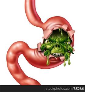 Upset stomach and nausea disease as an angruy digestive organ character as a medical metaphor for indigestion and belly pain with gastric liquid or flu vomit with 3D illustration elements.
