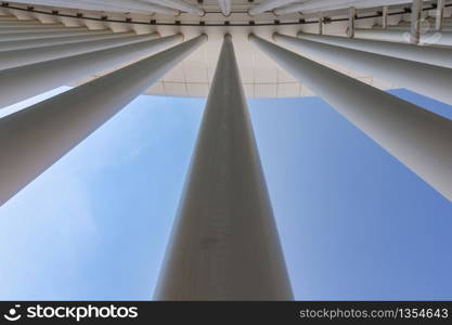 Upward view along tall white columns to the top the concert hall in Luxembourg city. Upward view along white columns to top concert hall Luxembourg