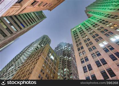 Upward view of San Francisco Downtown buildings.