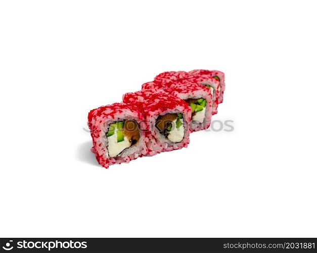 Uramaki roll california isolated on white background. Japanese sushi roll with red caviar, tuna cucumber and california cheese.. Uramaki roll california isolated on white background. Japanese sushi roll with red caviar, tuna cucumber and california cheese