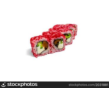 Uramaki roll california isolated on white background. Japanese sushi roll with red caviar, tuna cucumber and california cheese.. Uramaki roll california isolated on white background. Japanese sushi roll with red caviar, tuna cucumber and california cheese