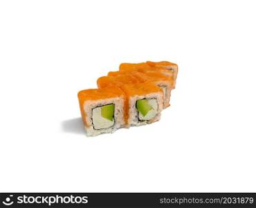 Uramaki roll california isolated on white background. Japanese sushi roll with salmon, avocado and california cheese.. Uramaki roll california isolated on white background. Japanese sushi roll with salmon, avocado and california cheese
