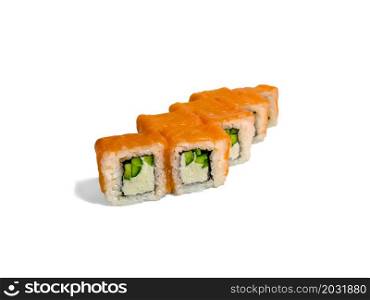 Uramaki roll california isolated on white background. Japanese sushi roll with salmon, cucumber and california cheese.. Uramaki roll california isolated on white background. Japanese sushi roll with salmon, cucumber and california cheese