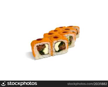 Uramaki roll california isolated on white background. Japanese sushi roll with salmon, tuna and california cheese.. Uramaki roll california isolated on white background. Japanese sushi roll with salmon, tuna and california cheese