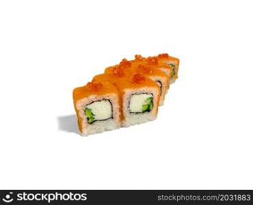 Uramaki roll california isolated on white background. Japanese sushi roll with salmon, cucumber, california cheese and red caviar.. Uramaki roll california isolated on white background. Japanese sushi roll with salmon, cucumber, california cheese and red caviar