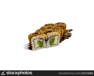 Uramaki roll california isolated on white background. Japanese sushi roll with salmon, shrimp, sesame, california cheese and sauce