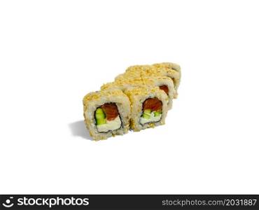 Uramaki roll california isolated on white background. Japanese sushi roll with tuna, cucumber, sesame and california cheese.. Uramaki roll california isolated on white background. Japanese sushi roll with tuna, cucumber, sesame and california cheese
