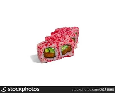 Uramaki roll isolated on white background. Japanese sushi roll with red caviar, tuna cucumber and mayonnaise.. Uramaki roll isolated on white background. Japanese sushi roll with red caviar, tuna cucumber and mayonnaise