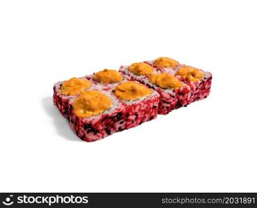 Uramaki roll isolated on white background. Japanese sushi roll with red caviar, black sesame and sauce.. Uramaki roll isolated on white background. Japanese sushi roll with red caviar, black sesame and sauce