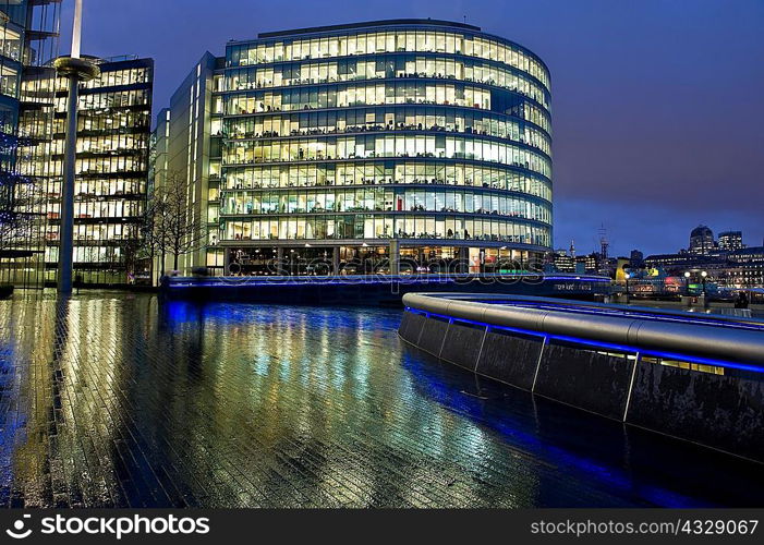 Urban building lit up at night