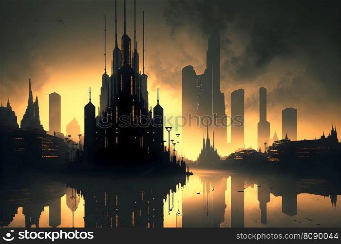 Urban cityscape on water being backlit by a glowing eclipse. Neural network AI generated art. Urban cityscape on water being backlit by a glowing eclipse. Neural network generated art