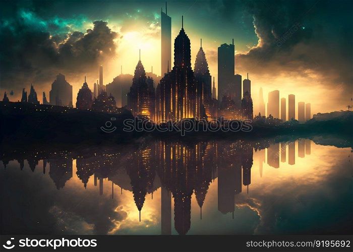 Urban cityscape on water being backlit by a glowing eclipse. Neural network AI generated art. Urban cityscape on water being backlit by a glowing eclipse. Neural network generated art