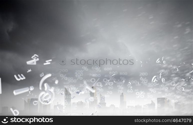 Urban construction. Background image of urban scene and signs in air