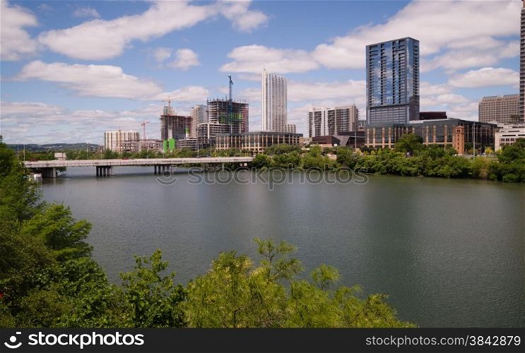 Urban development continues along the river in Downtown Austin, Texas
