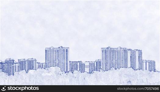 Urban landscape, modern residential buildings, blueprint style