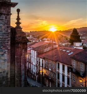Urban landscape, view of Santiago de Compostela at sunset, Galicia, northern Spain