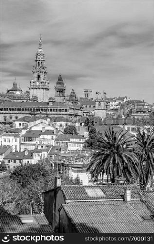 Urban landscape, view of Santiago de Compostela, Galicia, northern Spain, black and white image