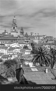 Urban landscape, view of Santiago de Compostela, Galicia, northern Spain, black and white image