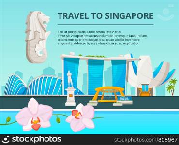 Urban landscape with cultural objects of singapore. Urban architecture building singapore city, vector illustration. Urban landscape with cultural objects of singapore