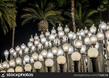 Urban Light sculpture at LACMA at night Los Angeles california