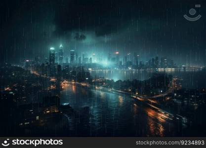 Urban night rain city. Storm weather. Generate Ai. Urban night rain city. Generate Ai