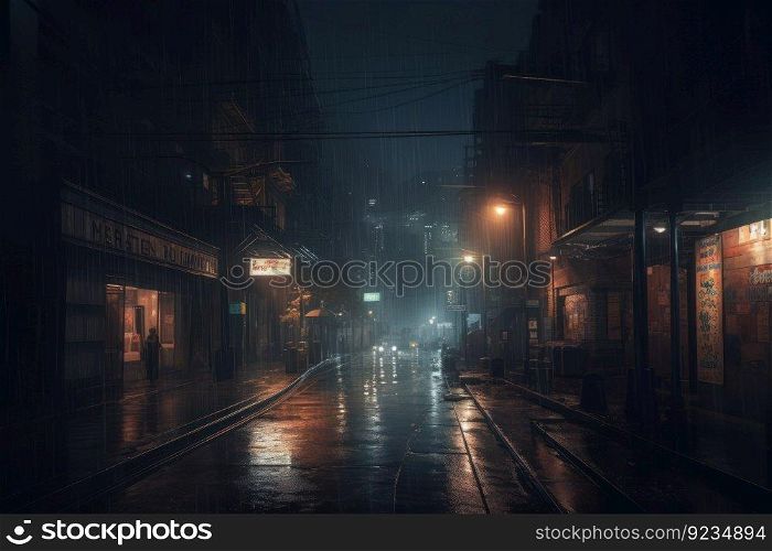 Urban night rain light. Rainy storm. Generate Ai. Urban night rain light. Generate Ai