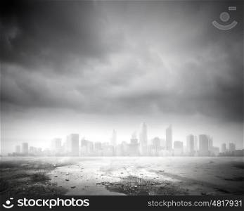 Urban scene. Background image of modern city in clouds