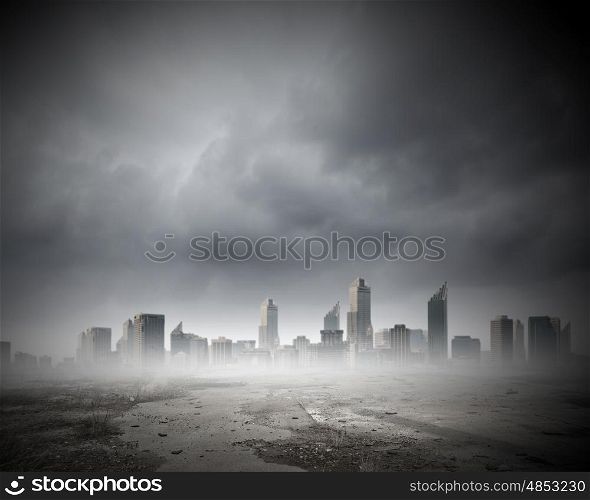 Urban scene. Background image of modern city in mist