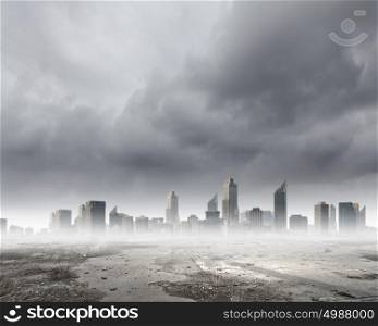 Urban scene. Background image of modern city in mist