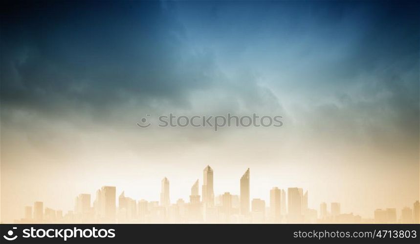 Urban scene. Background image with modern city scene in fog