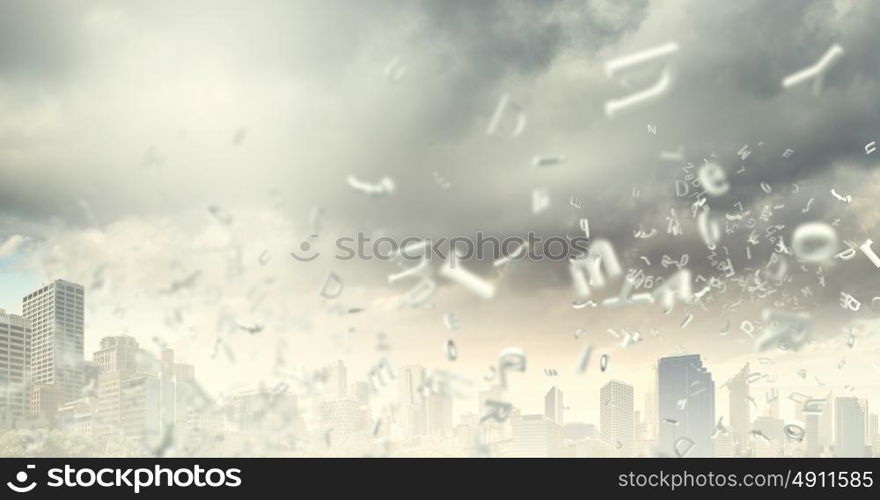Urban scene. Background image with modern city scene in fog