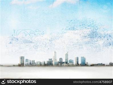 Urban scene. Background sketch image with buildings and urban scenes